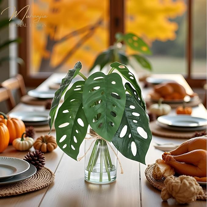 Artificial Flowers Turtle-Back, Alocasia Leaf, in Glass Vase with Faux Water,7Pcs Artificial Leaves Real Touch Latex Leaves for Centerpiece (2, Turtle-Back Leaf)-Ruum Studio Home