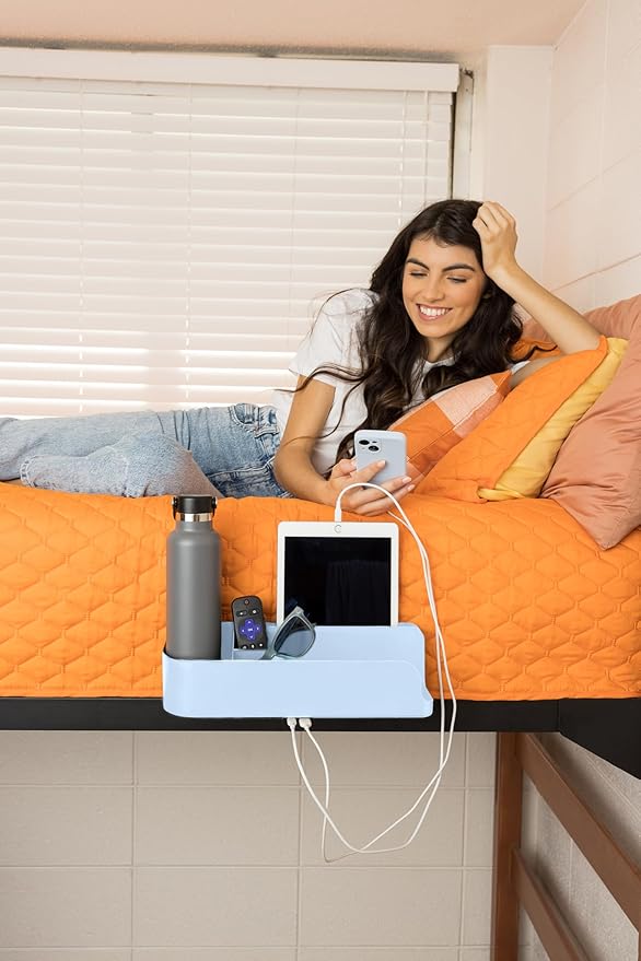Squirrel-Bedside Perch, Floating Organizer with USB-C & A Charging Ports, Great Bedside Shelfie, Gift for teens and college freshman, for Gamers, Dorm room gifts. Assembly in 1 minute. Light Blue-Ruum Studio Home