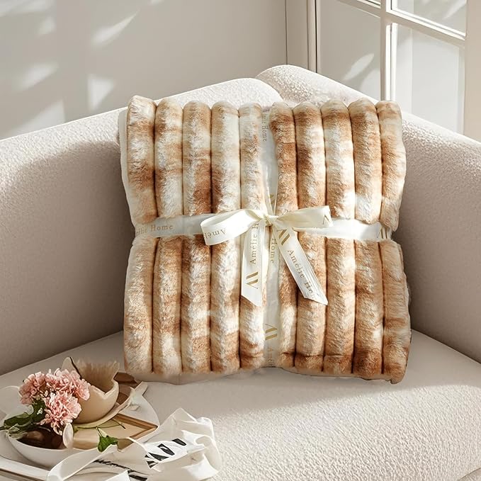 Amélie Home Faux Fur Throw Blanket for Couch, Cozy Fuzzy Fluffy Fur Luxurious Soft Striped Plush Gift Blankets for Family Sofa Chair Bed Living Room Bedroom, 55"x70", Tie-dye Khaki-Ruum Studio Home