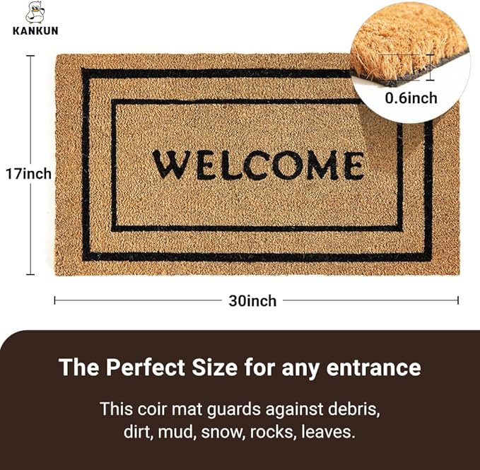KANKUN Coco Coir Door Mat with Heavy Duty Backing, Welcome Doormat (17" x 30"), Doormat Entrance (Welcome Double)-Ruum Studio Home