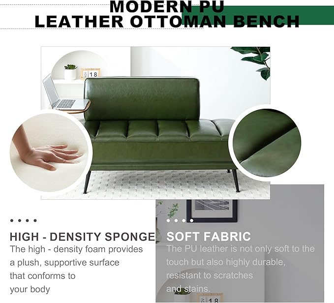 Sofa,Bed Bench,Small Spaces Furniture,Polyurethane Leather,Wood Frame,High Density Sponge Infillings,360-Degree Swivel Tray,Black Metal Leg (Green)-Ruum Studio Home