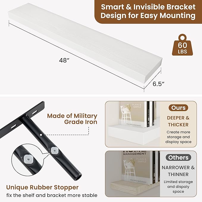 fuqing Floating Shelves for Wall, Bathroom Shelf Wall Mounted for Storage, Shelves with Invisible Bracket for Bedroom, Kitchen, Living Room, Farmhouse Small Book Shelf, 48 Inch Set of 2, White-Ruum Studio Home