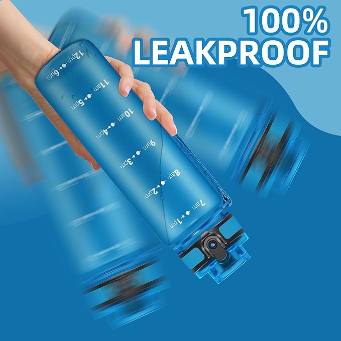 OLDLEY 32 oz Motivational Water Bottle with Time Marker, Sports Water Bottle With Strap, Leakproof & BPA Free Large Water Bottle for School, Gym, Travel, Outdoor, Tritan, Blue-Ruum Studio Home