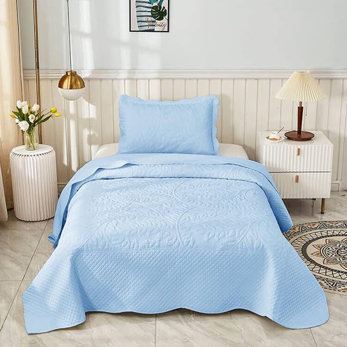 MarCielo 3-Piece 100% Cotton Oversized Bedspread Lightweight Quilt Coverlet Embroidery Farmhouse Bedding Set T0 (Light Blue, Twin (68"x86"))-Ruum Studio Home