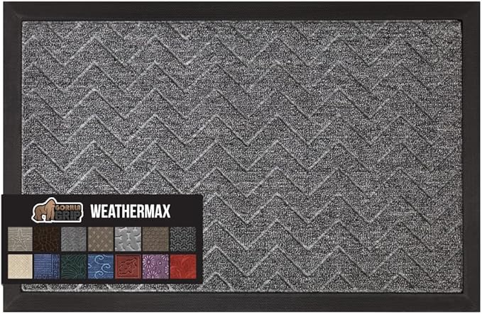 GORILLA GRIP 100% Waterproof All-Season WeatherMax Doormat, 60x24, US Designed Natural Rubber, Stain and Fade Resistant, Low Profile Indoor Outdoor Door Mats, Easy Clean Patio Mat, Steel Chevron-Ruum Studio Home