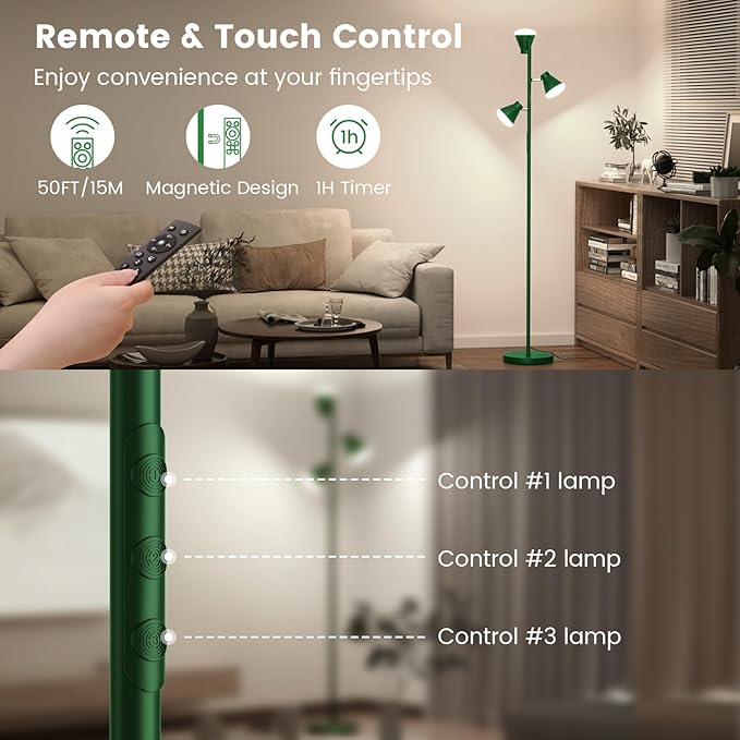36W LED Tree Floor Lamp, Dimmable Tall Standing Lamp with Remote & Touch Control, 4 Color Temperatures Bright Floor Lamp, 3 Rotatable Light Modern Floor Lamps (Green)-Ruum Studio Home