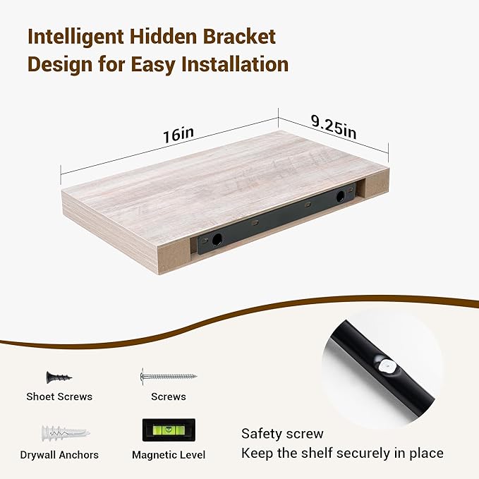 16 Inch Floating Shelves, 3D Textured Wood Grain, 16"x9.25"x1.5" Inch Deep Floating Shelves for Wall, Wooden Shelves for Bathroom, Bedroom, Living Room, Washed White-Ruum Studio Home
