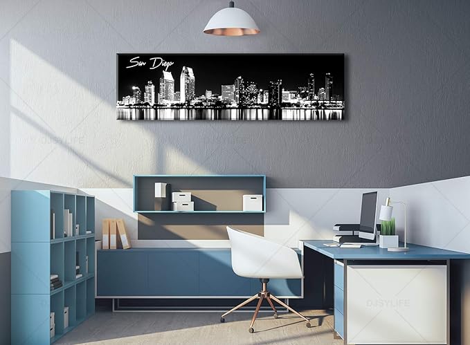 DJSYLIFE San Diego Skyline Wall Art Black and White Night View USA Cityscape California Pictures Artwork Painting Poster for Bedroom Office Decoration Stretch Framed Ready to Hang 13.8"x47.3"-Ruum Studio Home