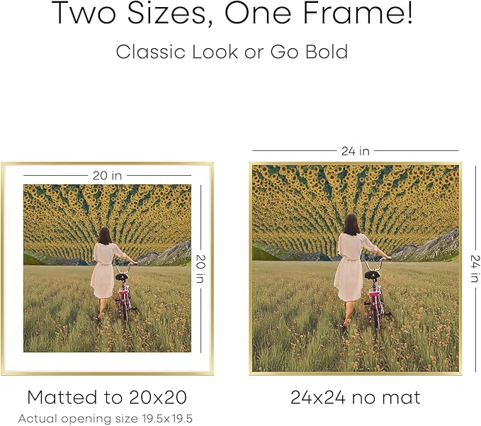 Homeforia 24x24 Gold Square Frame, High End Metal 24 x 24 Large Gold Poster Frames with Mat 20 by 20 for Photo, 24by24 Thin Picture Frame Matted to 20x20 inch Print, Tempered Glass, Wall Kit, Set of 1-Ruum Studio Home