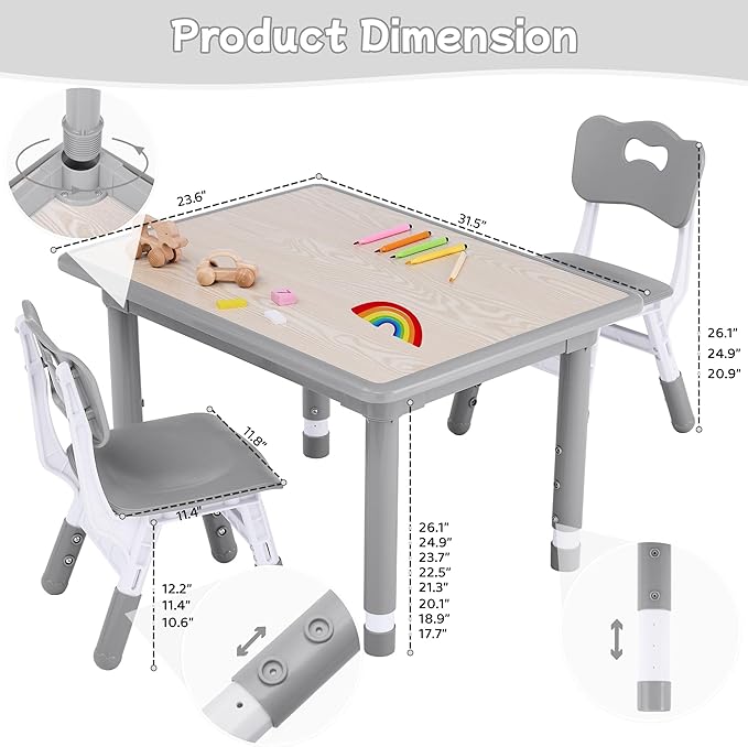 Toddler Table and Chair Set, Height Adjustable-Upgrade Kids Table and 2 Chairs for Ages 3-8, Multi-Activity Toddler Play Table with Graffiti Desktop for Home/Daycare/Classroom-Ruum Studio Home