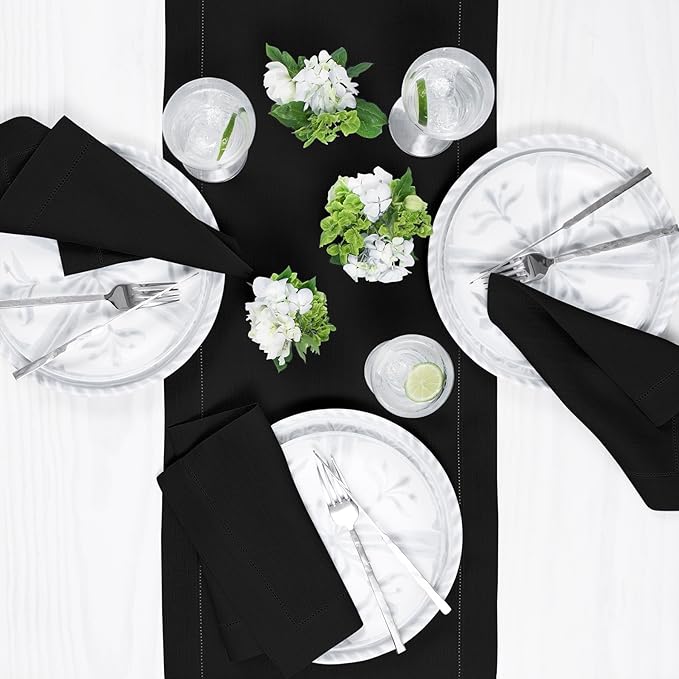 Solino Home Linen Black Table Runner 90 Inches Long - 100% Pure Linen Hemstitch 14 x 90 Inch Table Runner for Dining, Fall, Autumn, Halloween, Thanksgiving - Classic Hemstitch-Ruum Studio Home