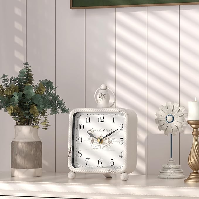 Vintage White Table Clock on Stand, Desk and Shelf Decor Clock, French Rustic Style Non-Ticking Mantel Clocks for Farmhouse, Living Room, Bedroom, Bedside, Gift (8.5" H x 5.5" W)-Ruum Studio Home