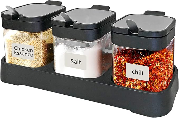 XIUDI Glass Spice Jars(3 piecesset)，Seasoning Containers with 304 Stainless Steel Lids and Spoons，Clear Glass Condiment Canisters Pots Seasoning Box Salt Container Sugar Bowl，for Kitchen,-Ruum Studio Home