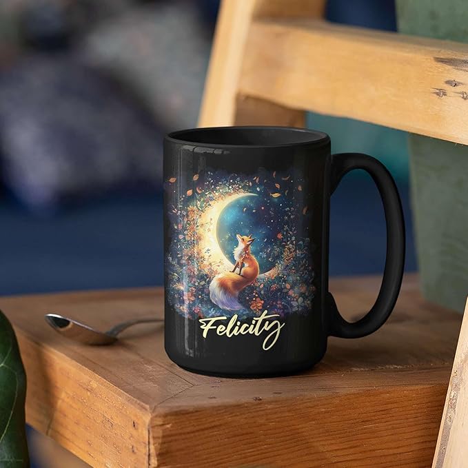 Personalized Name Ceramic Mug, Enchanted Forest Themed Decorative Cup, Custom Cute Fox With Crescent Moon Mug, Customized Floral Fox Coffee Cup 11oz 15oz, Animal Black Mug For Kids-Ruum Studio Home
