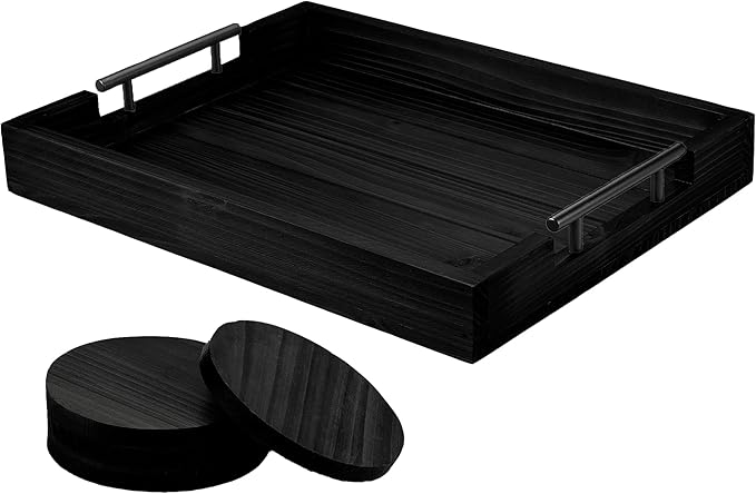 Ottoman Serving Tray | Decorative Coffee Table Tray with Handles – 17x13 Inch Wooden Tray with 4 Coasters for Breakfast, Kitchen & Bar-Ruum Studio Home