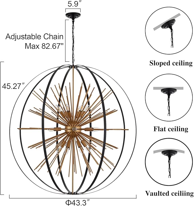 43.3" Black Gold 18-Light Globe Sputnik Chandelier Modern Adjustable Hanging Ceiling Firework Pendant Light Fixture for Entryway Foyer Stairway Kitchen Dining Living Room Hallway-Ruum Studio Home