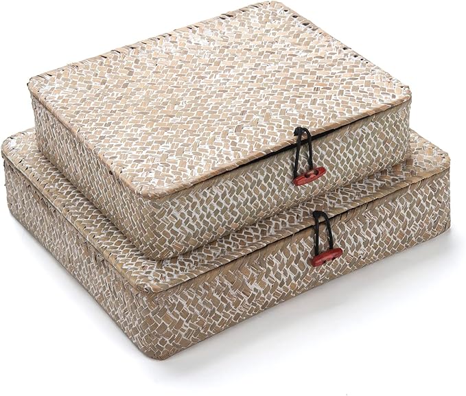 Whitewash Seagrass Basket with Lid Rectangular Decorative Storage Boxes for Shelf Organize Snack Toys Set of 2 (Large+Small)-Ruum Studio Home