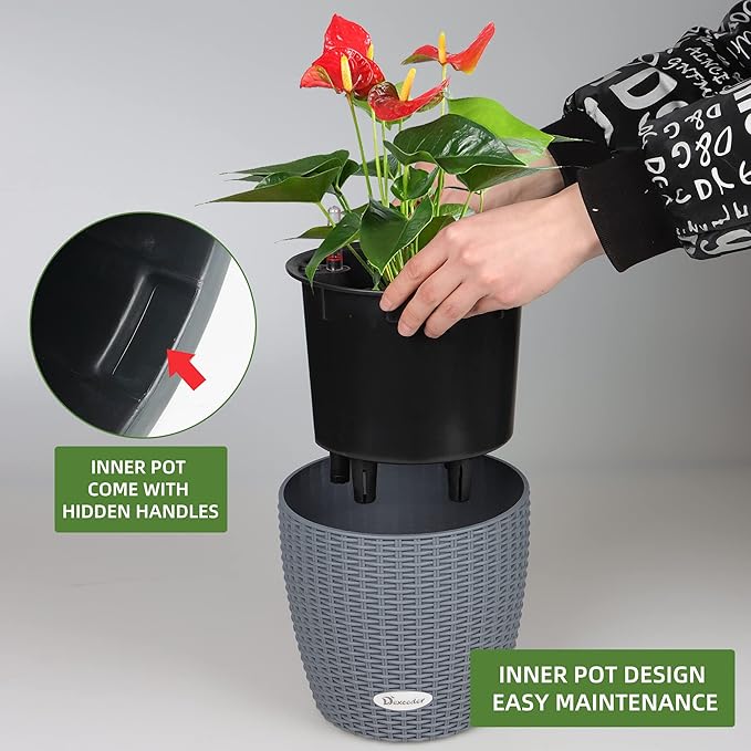 Dexceder 9x8 Inches Rattan Self Watering Planter Indoor Outdoor, Inner Pot Design, Thickened Table Flower Plant Pot with Water Level Indicator (Deep Gray)-Ruum Studio Home