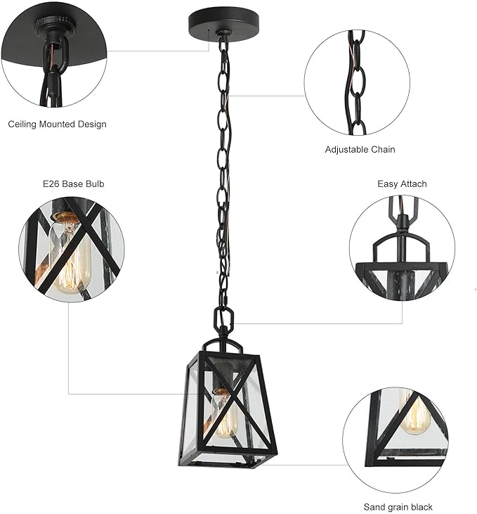 LOG BARN Outdoor Pendant Light Fixture, Farmhouse Exterior Lights, Anti-Rust Ceiling Outdoor Light with Seeded Glass, Lantern Hanging Light for Front Door, Entry, Porch, and Gazebo-Ruum Studio Home