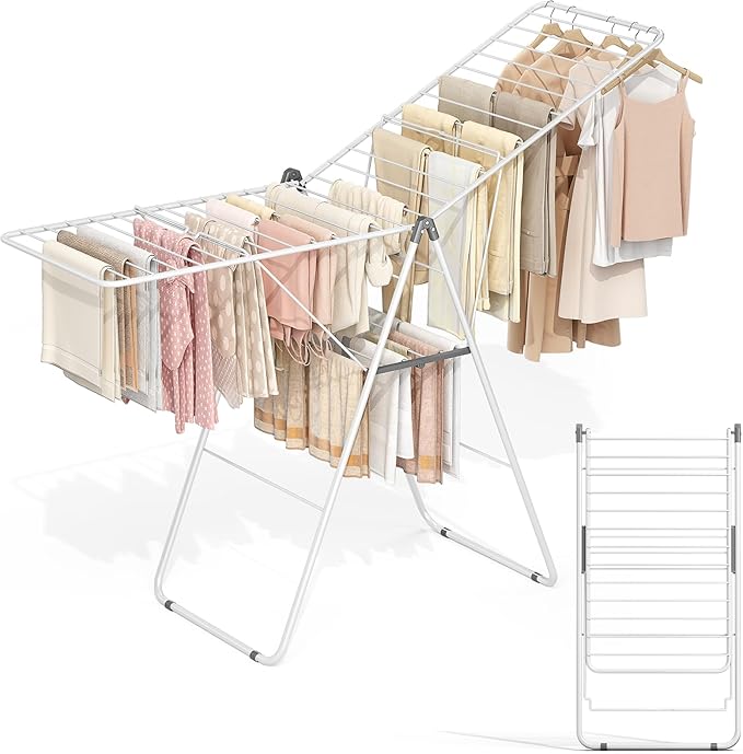 APEXCHASER Clothes Drying Rack, Oversized Drying Rack Clothing with Height-Adjustable, Foldable Gullwings Metal Laundry Rack, Indoor Outdoor Use, No Assembly, White-Ruum Studio Home