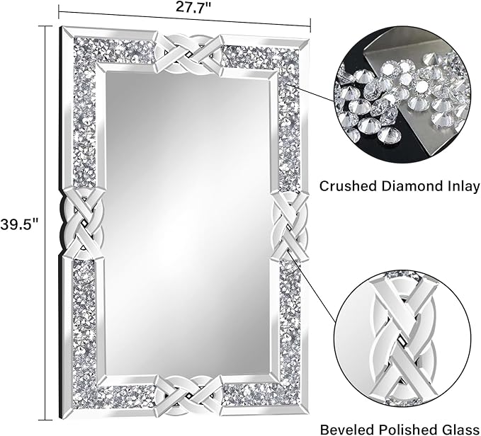 Crushed Diamond Decorative Wall Mirrors, 27.7x39.5 Inch Rectangle Living Room Mirrors for Wall Decor, Modern Glam Bathroom Dining Room Entryway Mirror Silver-Ruum Studio Home