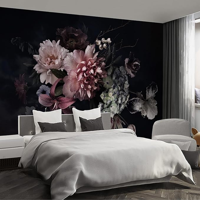Black Floral Wall murals Peel and Stick Flowers Wallpaper for Bedroom Living Room - 108"x157"-Ruum Studio Home