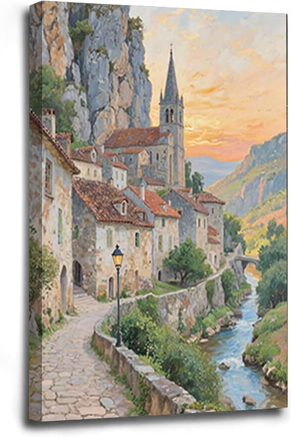 Small town scenery poster on the bank of the mountain stream is suitable for living room bedroom and office natural oil painting poster-Ruum Studio Home