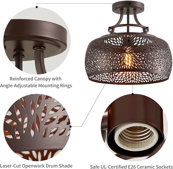WUZUPS Chandelier Rustic Farmhouse Industrial Round Semi-flushmount Ceiling LED Light Fixture with Later-Cut Openwork Drum Shade, H 11.8" x W 13.4", Oil Rubbed Bronze-Ruum Studio Home
