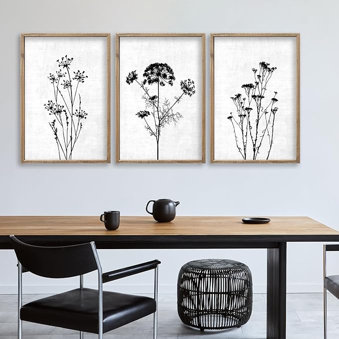 Flower Plant Wall Art Decor 16"x11" Set of 3 Black And White Botanical Painting Wood Framed For Minimalist Bedroom Office Rustic Living Room Abstract Wildflower Sign Hanging (Wood White)-Ruum Studio Home
