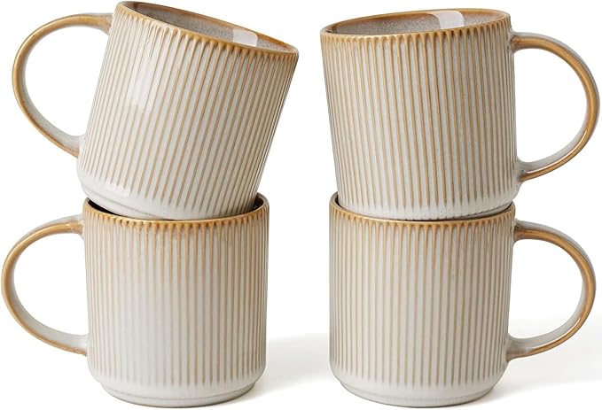 famiware Coffee Mug Set for 4, Star 12 oz Catering Mugs Cup Set with Handle for Coffee, Tea, Cocoa, Milk - Ceramic Stoneware Drinkware Set, Cappuccino White-Ruum Studio Home