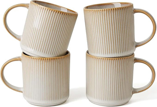 famiware Coffee Mug Set for 4, Star 12 oz Catering Mugs Cup Set with Handle for Coffee, Tea, Cocoa, Milk - Ceramic Stoneware Drinkware Set, Cappuccino White-Ruum Studio Home