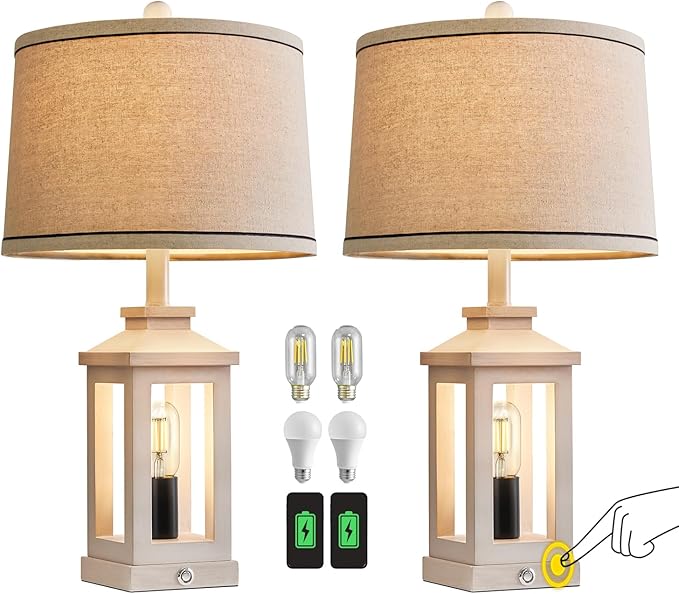 23.75" Retro Farmhouse USB C+A Ports Table Lamp Set of 2 with 3 Way Dimmable Touch Control White Nightlight Vintage Modern Lamp for Living Room Bedroom with 2 Light Sources-Ruum Studio Home