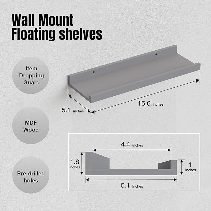 RICHER HOUSE 3 Set Floating Shelves for Wall, Black Wall Mounted Shelves with Lip for Storage, Display Picture Ledge Shelf for Bedroom Bathroom Kitchen Living Room Decor, Modern Grey-Ruum Studio Home