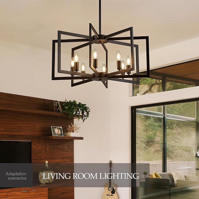 Modern Farmhouse Black Chandeliers for Dining Room, 8-Light Industrial Metal Chandeliers Geometric Pendant Lights Kitchen Island for Entryway Stairway Foyer Hallway-Ruum Studio Home