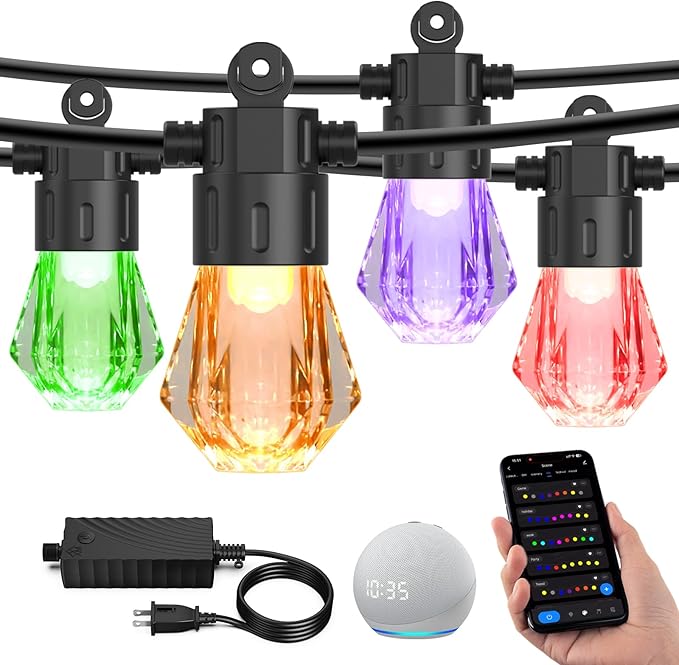 XMCOSY+ 96FT Smart Outdoor String Lights - RGBCWIC Dimmable Acrylic Bulbs, Color Changing LED Patio Lights APP WiFi Control, Compatible with Alexa, IP65 Waterproof Outdoor Lights for Backyard Porch-Ruum Studio Home