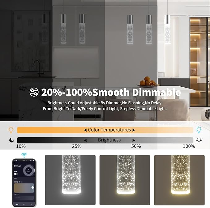 OKELI Smart 3-Light LED Pendant Lighting for Kitchen Island, 18W 1350LM Adjustable 3000K-6000K, Dimmable via TUYA App & Voice Control (Alexa/Google Home), Modern Crystal Bubble Pendant,Chrome Square-Ruum Studio Home