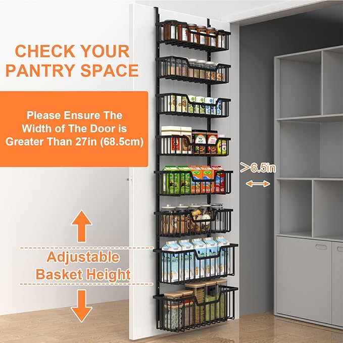 Over The Door Pantry Organizer, 8-Tier Pantry Door Organizer Shelves | 3 Sizes | Adjustable Basket | Metal Hanging Spice Rack for Kitchen, Pantry, Cabinet, Back of Door Seasoning Rack, Black-Ruum Studio Home