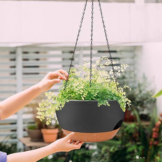 2 Pack Hanging Planters for Indoor Outdoor Plants, 12 Inch Self Watering Hanging Pot with Drainage Holes and Saucer, Plastic Plant Pots, Black Brown Flower Pots for Kitchen, Balcony, Garden-Ruum Studio Home