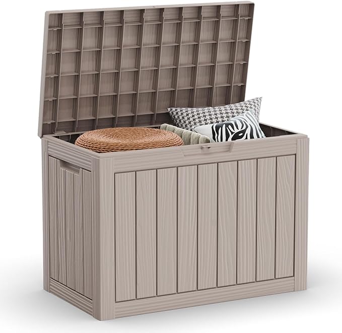 45 Gallon Outdoor Deck Box,Storage Lockable Waterproof Patio Furniture,Garden Tools,Cushions,Pool Accessories Outside Storage Resin Box(Grey)-Ruum Studio Home