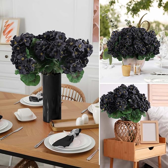 Hananona 12 Bundles Artificial Geranium Flowers for Outdoors Black Silk Geranium Flowers Outdoor UV Resistant Plants Faux Black Flower for Home Kitchen Halloween Table Centerpieces Decor (12, Black)-Ruum Studio Home