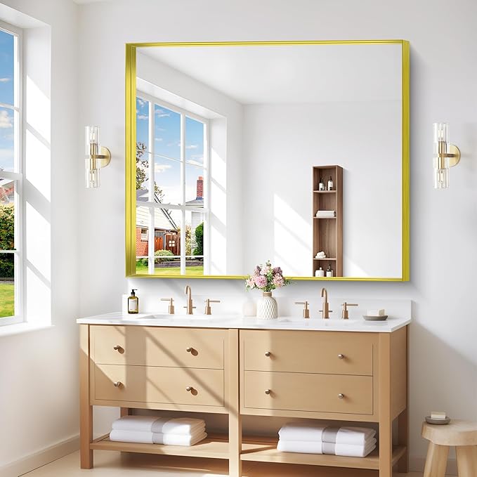 Gold Bathroom Mirror, 40x48 Inch Rectangular Framed Mirror, Large Wall Mounted Bathroom Vanity Mirror Over Sink for Bedroom,Restroom, Living Room, Hangs Vertically or Horizontally-Ruum Studio Home