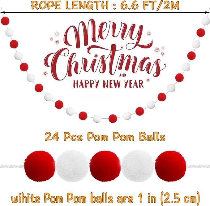Jishi 3-Pack Pom Pom Garland Red and White Felt Ball Ornament Garland Christmas Decorations, Cute Pompom Strings for Christmas Tree Decor, Xmas Holiday Party, Birthday Banner - 6.6 Feet Long, 24 Balls-Ruum Studio Home