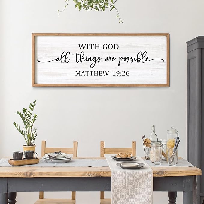 With God All Things are Possible Framed Wall Art, 40''×15'' Positive Religious Rustic Bible Verse for Christian God Jesus Christ Prayer, Vintage Horizontal Holy Inspirational Catholic Scripture Decor-Ruum Studio Home