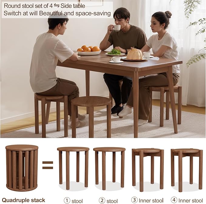 Stackable Stools Set of 4,4-in-1 Wood Stool,Round Wooden Stools with Anti-Slip Foot Pads for Kitchen,Bedroom,Living Room,Bar,No Assembly Required Durable and Space-Saving Design,18 inch (Natural)-Ruum Studio Home
