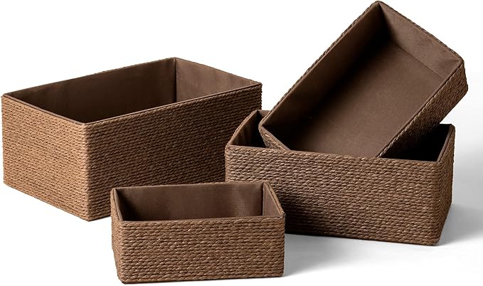 LA JOLIE MUSE Paper Rope Woven Storage Basket Set of 4 with Fabric Liner, Stackable Multipurpose Organizer Bin, Brown-Ruum Studio Home