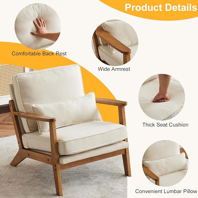 Karl home Accent Chair Wide Armrest Mid-Century Lounge Chair Linen Fabric Armchair with Lumbar Pillow & Solid Wood Frame for Living Room, Bedroom, Balcony, Beige-Ruum Studio Home