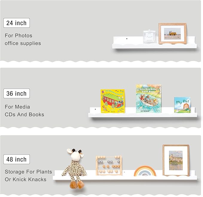 Fun Memories Picture Ledge Shelf for Wall, 48 inch Pine Wood Nursery Book Shelves Set of 2- Wall Book Shelves for Kids Room, Home Decor - Kitchen Spice-White-Ruum Studio Home