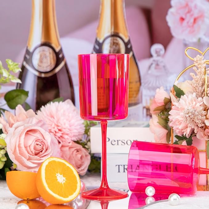 Ciaell 12 Pack Plastic Wine Glasses - 10Oz Hot Pink Plastic Wine Glasses With Stem - Disposable Stemmed Cups for Parties & Weddings-Ruum Studio Home