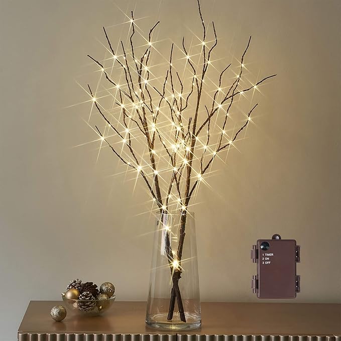 Birchlitland Lighted Brown Branches 32IN 100 LED with Timer Battery Operated, Artificial Tree Branch with Warm,Willow Branch Lights for Home Bedroom Fireplace Christmas Holiday Decoration-Ruum Studio Home