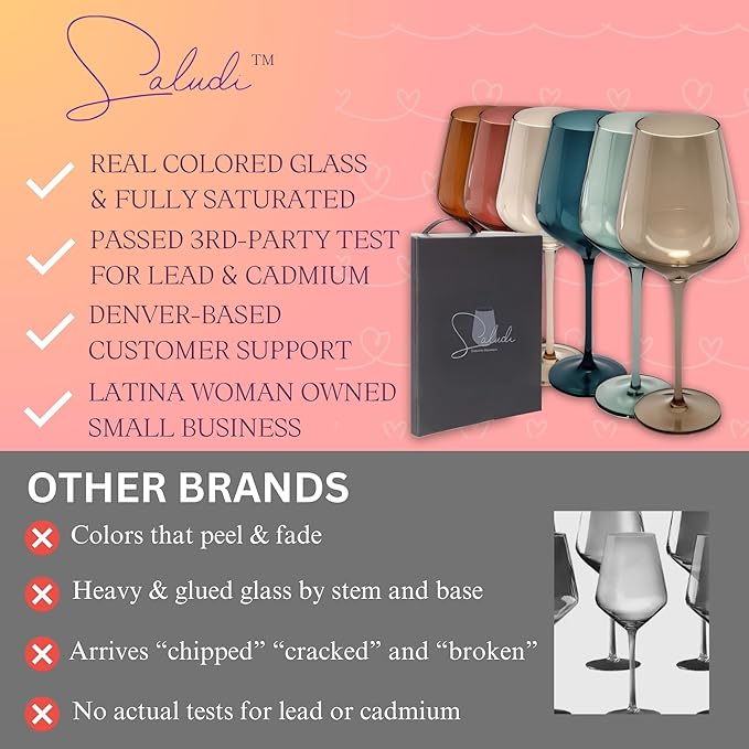 Saludi Colored Wine Glasses, 16.5oz (Set of 6) Stemmed Multi-Color Glass - Great for all Wine Types and Occasions - Luxury, Durable, Hand-Blown-Ruum Studio Home